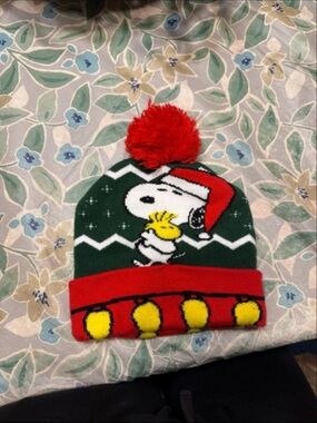 Snoopy & Woodstock Kids Pom Pom Beanie - Green/Red